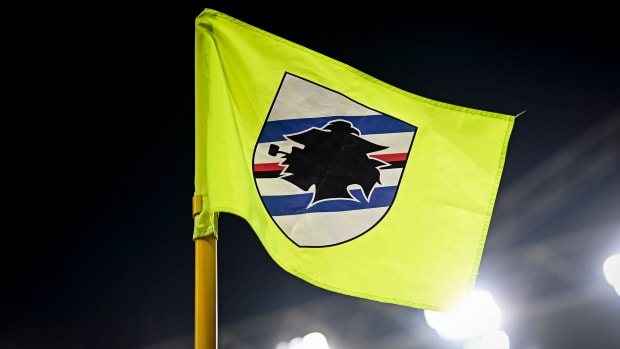 A close-up view of a U.C. Sampdoria logo on a corner flag.