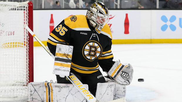Boston Bruins goalie Linus Ullmark (35) saves a shot during the second period against the Florida Panthers at TD Garden.
