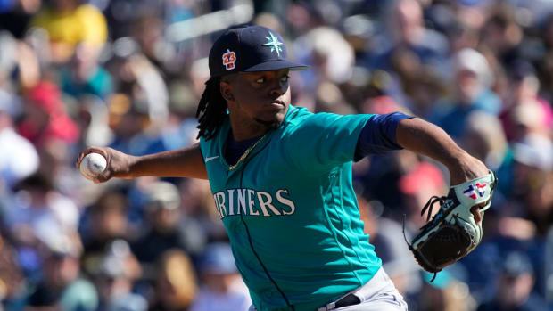 Seattle Mariners starting pitcher Prelander Berroa (84) throws against the San Diego Padres in the third inning at Peoria Sports Complex. (2023)