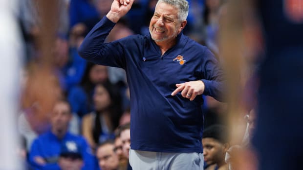 Feb 25, 2023; Lexington, Kentucky, USA; Auburn Tigers head coach Bruce Pearl reacts during the first half against the Kentucky Wildcats at Rupp Arena at Central Bank Center. Mandatory Credit: Jordan Prather-USA TODAY Sports