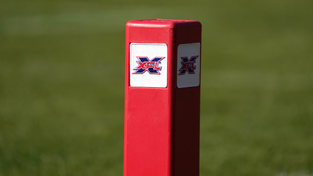 Detailed view of pylon with XFL logo during the game between the LA Wildcats and the Dallas Renegades Dignity Health Sports Park.