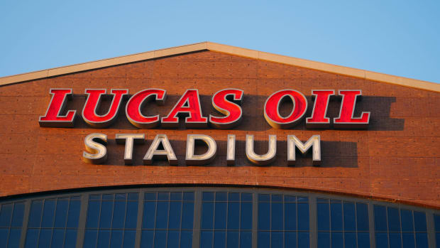 Mar 2, 2022; Indianapolis, IN, USA; A general view of the Lucas Oil Stadium exterior facade during the NFL Combine.