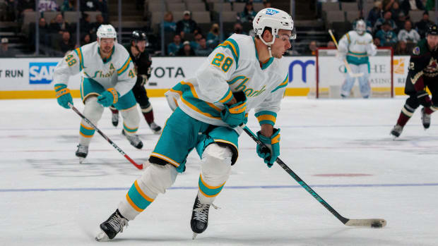 San Jose Sharks right wing Timo Meier (28) prepares to pass the puck during the second period against the Arizona Coyotes