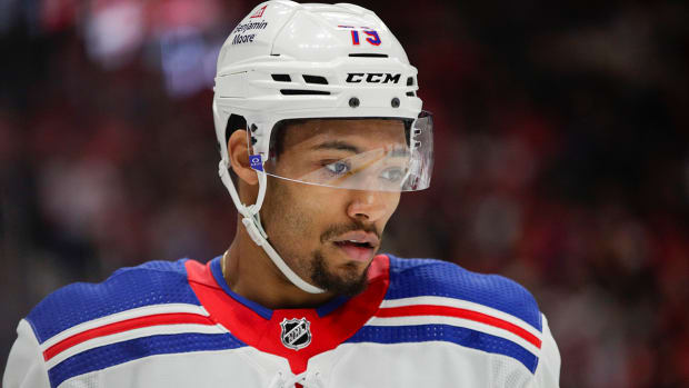 Rangers defenseman K’Andre Miller (79) looks on during the second period at Little Caesars Arena.