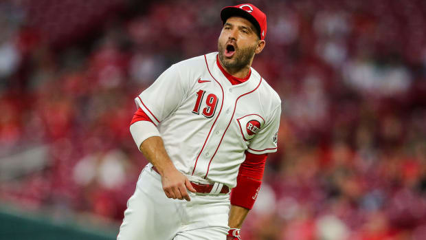 Cincinnati Reds first baseman Joey Votto (19) reacts after making a catch at Great American Ball Park