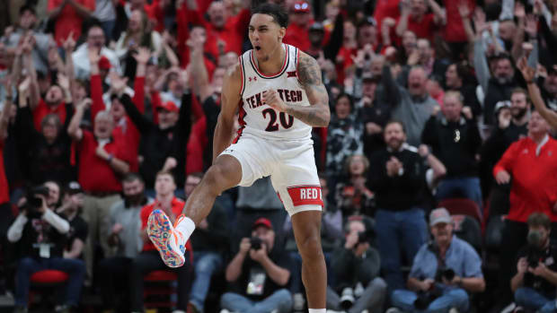 Feb 25, 2023; Lubbock, Texas, USA; Texas Tech Red Raiders guard Jaylon Tyson (20) reacts after a shot against the TCU Horned Frogs in the second half at United Supermarkets Arena.
