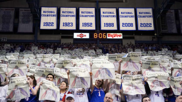 Feb 28, 2023; Lawrence, Kansas, USA; Kansas Jayhawks fans show support against the Texas Tech Red Raiders prior to a game at Allen Fieldhouse. Mandatory Credit: Denny Medley-USA TODAY Sports