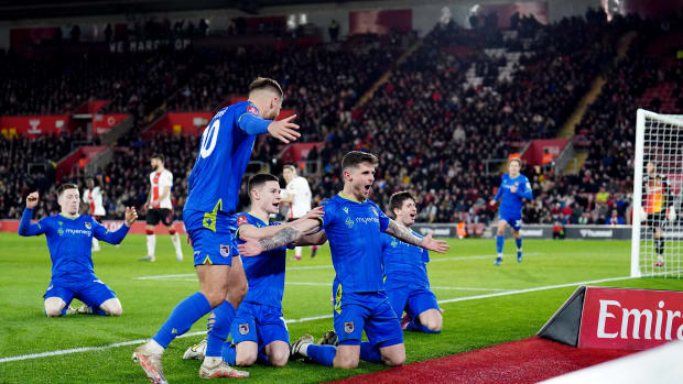 Players from Grimsby Town pictured celebrating a goal during their shock win at Southampton in the 2022/23 FA Cup