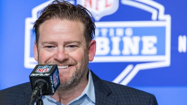 Seattle Seahawks general manager John Schneider speaks to the press at the NFL Combine at Lucas Oil Stadium.