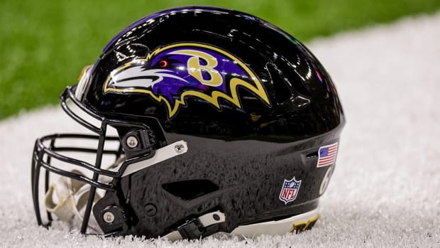 General view of the Baltimore Ravens helmet during the warm ups before the game against the New Orleans Saints at Caesars Superdome.
