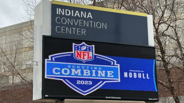 Feb 27, 2023; Indianapolis, IN, USA; The 2023 NFL Combine logo on the Indiana Convention Center marquee sign.