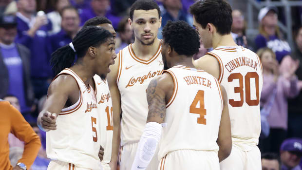 Mar 1, 2023; Fort Worth, Texas, USA; Texas Longhorns guard Marcus Carr (5) yells in the huddle during the second half against the TCU Horned Frogs at Ed and Rae Schollmaier Arena.