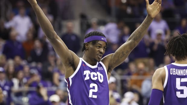 TCU Horned Frogs forward Emanuel Miller (2) reacts during the second half against the TCU Horned Frogs at Ed and Rae Schollmaier Arena.