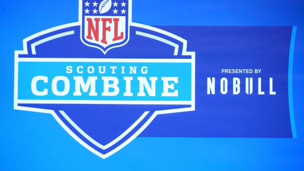 Feb 28, 2023; Indianapolis, IN, USA; The NFL Scouting Combine logo at the Indiana Convention Center.