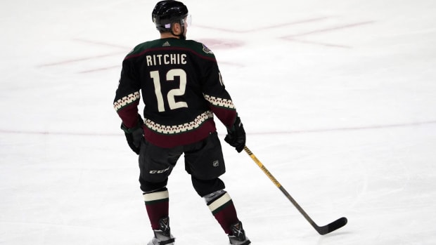 The back of Nick Ritchie's jersey as Ritchie plays in a game for the Coyotes vs. the Panthers.