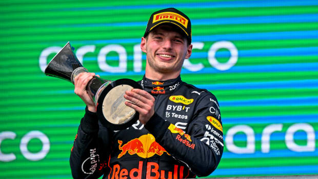 Red Bull driver Max Verstappen celebrates winning the U.S. Grand Prix F1 race at Circuit of the Americas.