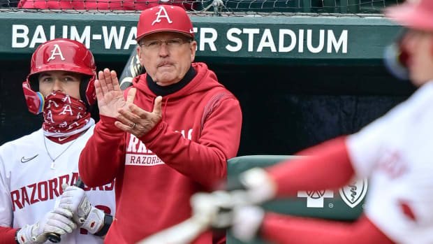 Arkansas Razorbacks coach Dave Van Horn in the dugout during game with Wright State.