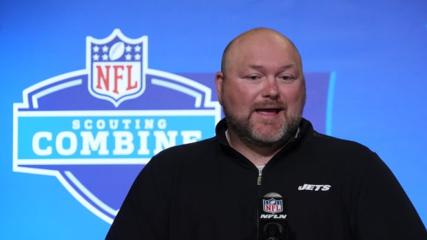 Jets general manager Joe Douglas speaks at the 2023 NFL Combine in Indianapolis.