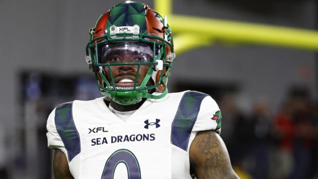 Wide receiver Josh Gordon looks on before playing in a game for the XFL's Seattle Sea Dragons.