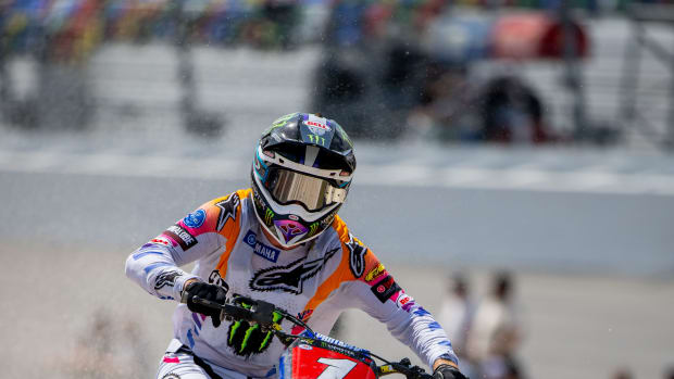 Eli Tomac earned his seventh career Supercross win at Daytona International Speedway, tying him for the track's all-time wins record with NASCAR legend Richard Petty. Photo: Feld Entertainment.