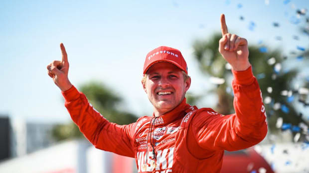 Marcus Ericsson celebrates his win in Sunday's Firestone Grand Prix on the Streets of St. Petersburg. Photo courtesy IndyCar.