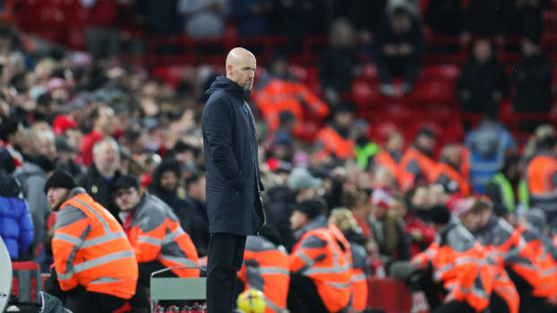 Manchester United manager Erik ten Hag pictured during his team's 7-0 loss to Liverpool at Anfield in March 2023