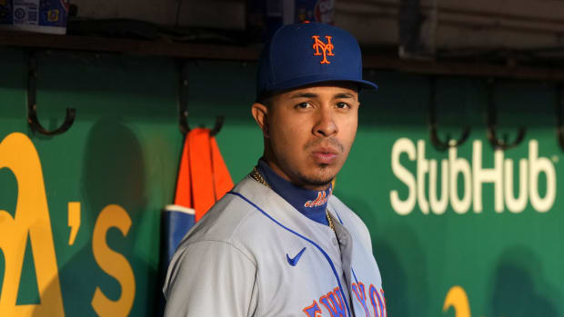 Sep 23, 2022; Oakland, California, USA; New York Mets designated hitter Mark Vientos (27) before the game against the Oakland Athletics at RingCentral Coliseum.