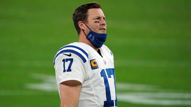 Indianapolis Colts quarterback Philip Rivers (17) watches from the sidelines in the fourth quarter against the Las Vegas Raiders