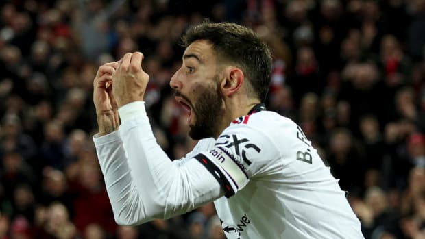 Bruno Fernandes pictured wearing the Manchester United captain's armband during his team's 7-0 defeat at Liverpool in March 2023
