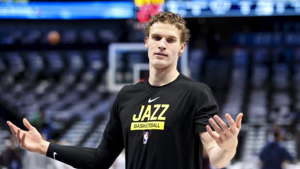 Utah Jazz forward Lauri Markkanen (23) reacts before the game against the Dallas Mavericks at American Airlines Center.