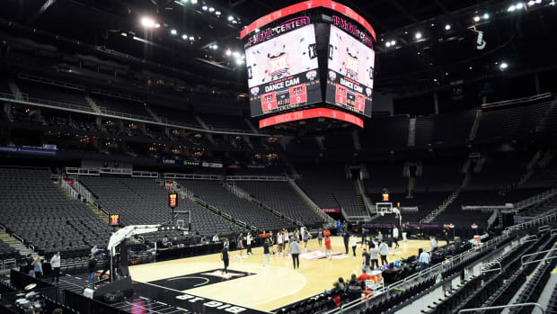 Texas Tech hosts a practice ahead of the Big 12 basketball tournament, Tuesday, March 7, 2023, at T-Mobile Center in Kansas City.