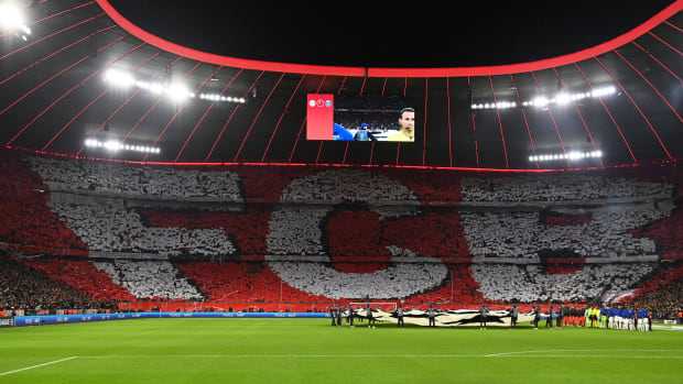 A photo taken from inside the Allianz Arena before kick-off between Bayern Munich and PSG in March 2023