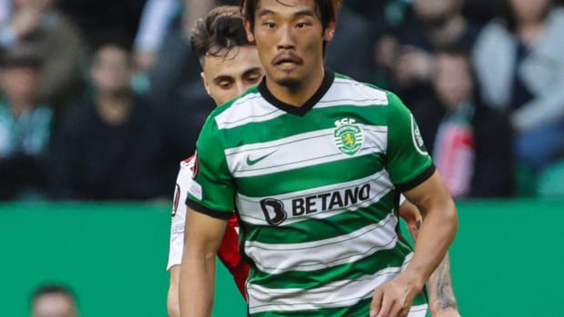 Hidemasa Morita pictured playing for Sporting Lisbon against Arsenal in March 2023