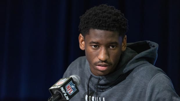 Mar 3, 2023; Indianapolis, IN, USA; Southern California wide receiver Jordan Addison (WO01) speaks to the press at the NFL Combine at Lucas Oil Stadium.