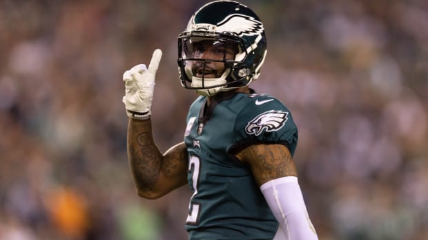 Oct 16, 2022; Philadelphia, Pennsylvania, USA; Philadelphia Eagles cornerback Darius Slay (2) reacts after breaking up a passing play against the Dallas Cowboys during the second quarter at Lincoln Financial Field. Mandatory Credit: Bill Streicher-USA TODAY Sports