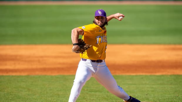 Pitcher Nate Ackenhausen on the mound asThe LSU Tigers take on Central Connecticut State at Alex Box Stadium in Baton Rouge, La. Sunday, March 5, 2023.