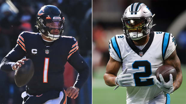 Bears quarterback Justin Fields and new Bears receiver DJ Moore.