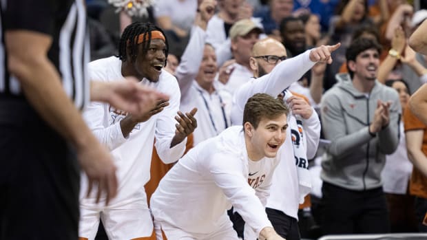 Mar 10, 2023; Kansas City, MO, USA; The Texas Longhorns celebrates after a play against the Texas Christian Horned Frogs in the first half at T-Mobile Center. Mandatory Credit: Amy Kontras-USA TODAY Sports