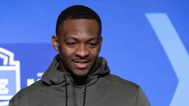 Mar 3, 2023; Indianapolis, IN, USA; Tennessee quarterback Hendon Hooker (QB07) speaks to the press at the NFL Combine at Lucas Oil Stadium.