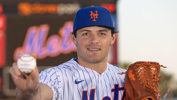 Feb 23, 2023; Port St. Lucie, FL, USA; New York Mets relief pitcher Bryce Montes de Oca (63) poses for a picture during the New York Mets media photo day at Clover Field.