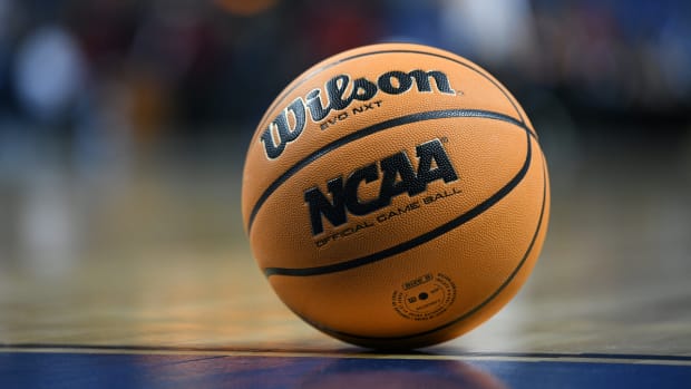 A view of a basketball on the court at the 2022 women’s NCAA tournament.