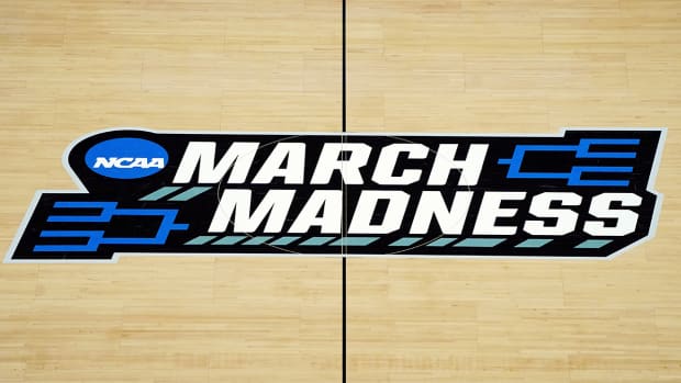 The March Madness logo in center court before a game.