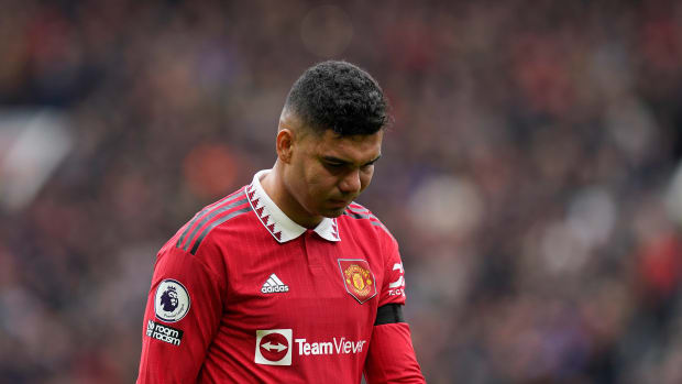 Manchester United midfielder Casemiro pictured leaving the pitch after being sent off against Southampton in March 2023
