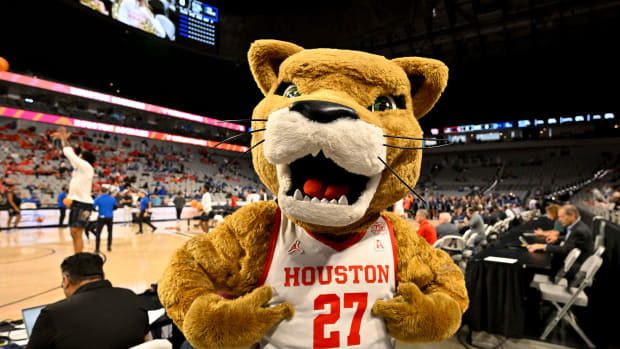 Mar 12, 2023; Fort Worth, TX, USA; A view of the Houston Cougars mascot before the game between the Houston Cougars and the Memphis Tigers at Dickies Arena.
