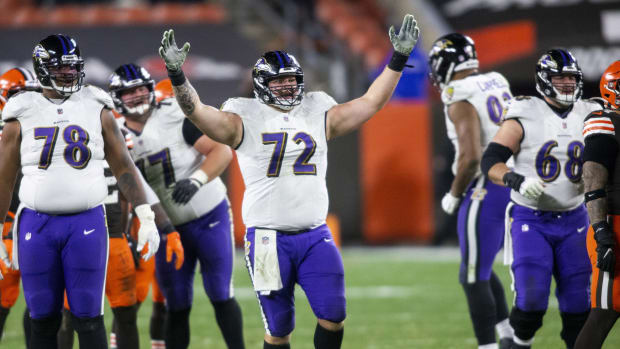 Dec 14, 2020; Cleveland, Ohio, USA; Baltimore Ravens offensive guard Ben Powers (72) celebrates a game-winning field goal with two seconds left on the clock against the Cleveland Browns at FirstEnergy Stadium.