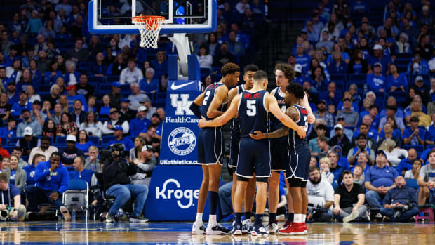 Nov 7, 2022; Lexington, Kentucky, USA; Howard Bison players huddle up during the second half against the Kentucky Wildcats at Rupp Arena at Central Bank Center.