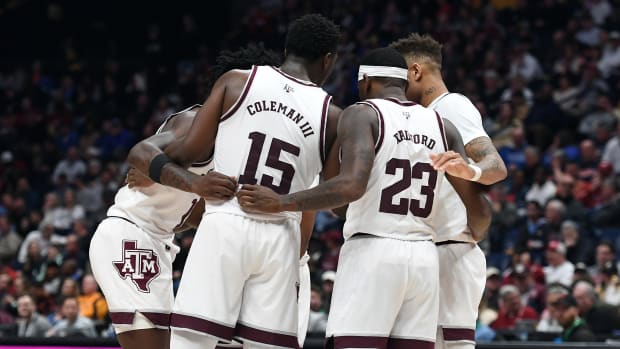 Texas A&M Aggies players huddle during the first half of a game against Vanderbilt.