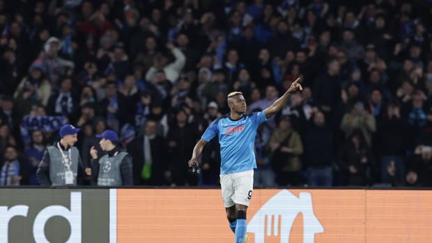 Victor Osimhen pictured celebrating after scoring the 50th goal of his Napoli career in March 2023