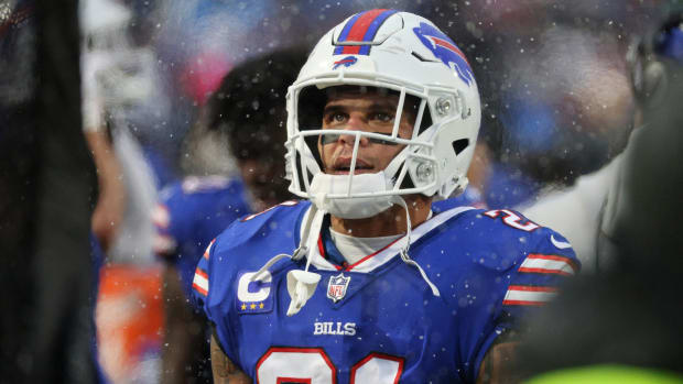 Bills safety Jordan Poyer stands on the sideline during a game against the Jets.