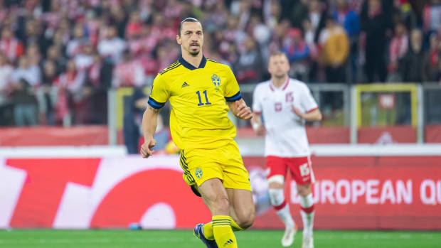 Zlatan Ibrahimovic pictured playing for Sweden against Poland in March 2022